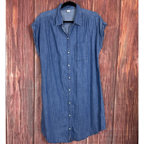 Old Navy Chambray Dress Button Front Shift Cap Sleeve Womens Size Large - Picture 1 of 6